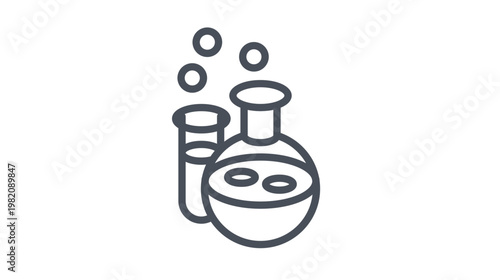 Black line art vector illustration of laboratory glassware including a test tube and a boiling flask with bubbles, representing science, chemistry experiments, and medical research.