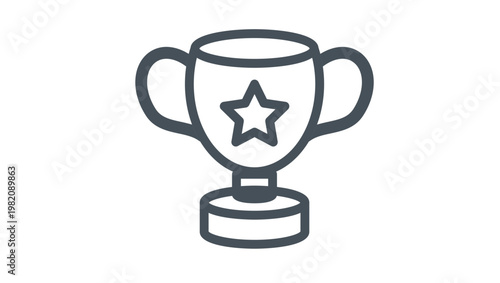 Minimalist black line art vector icon of a trophy cup award with a star symbol on the front, representing success, achievement, winning, and competition, isolated on a white background.