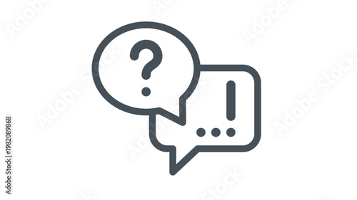 Minimalist vector icon illustration of two overlapping speech bubbles representing communication, customer support, and feedback, featuring a question mark and ellipsis for questions and answers.