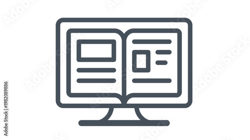 Minimalist black vector icon of a computer monitor with an open book on the screen, symbolizing e-learning, digital library, online education, and electronic reading, isolated illustration.