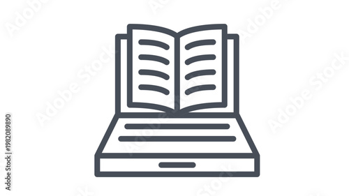 Online education and digital learning vector icon illustration featuring an open book on a laptop screen, representing e-learning, remote study, electronic books, and academic technology.