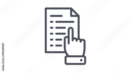 Minimalist black vector icon of a hand pointing at a document or checklist. Illustration of a finger selecting an item from a list on paper. Graphic symbol for task management and selection.