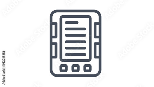 Minimalist black vector icon illustration of an e-reader or digital tablet device for reading electronic books, featuring a screen with text lines and navigation buttons, isolated on white.