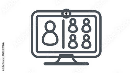 Minimalist black vector icon illustration of a computer monitor displaying a video conference call with a split screen, featuring a main speaker and group participants for remote work and webinars.