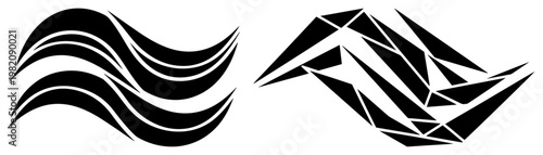 Abstract flowing waves and sharp geometric polygonal shapes in minimalist silhouette style