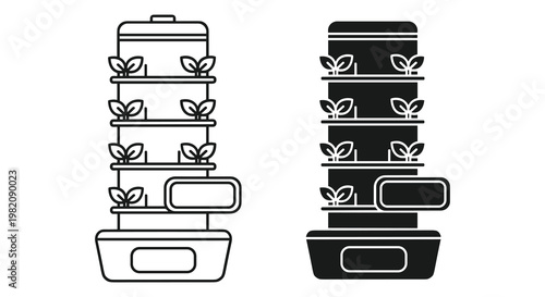 Plant pot icons, garden planter symbols, leafy container graphics, black and white illustrations