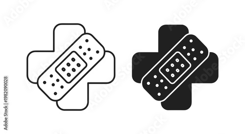 Medical band aid icons, black and white, cross symbol, first aid, health care