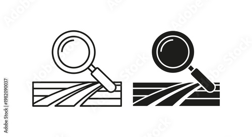 Magnifying glass icons, search symbols, investigation graphics, black and white
