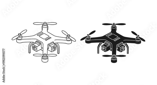 Drone icons, black and white vector illustrations, aerial vehicle graphics, quadcopter symbols