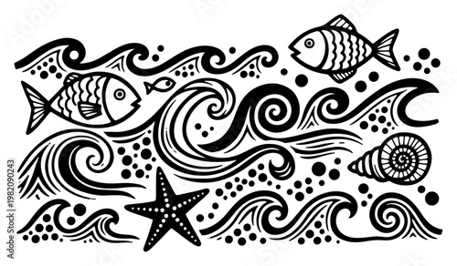Sea life composition with fish starfish and waves in cartoon doodle line art style
