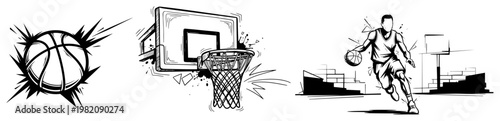 Basketball sports collection featuring player dribbling hoop and flying ball in sketch style