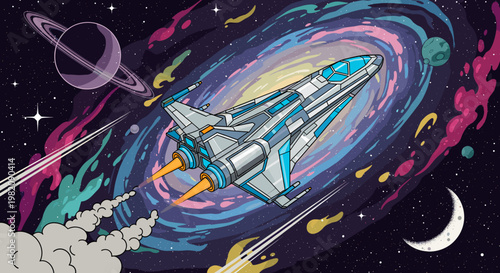 A vibrant cartoon illustration of a futuristic spaceship soaring through a colorful galaxy with planets and stars.
