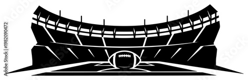 American football stadium arena with ball on pitch in flat silhouette style
