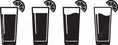 Vector illustration set of black and white pencil and paper clips next to a cold summer cocktail glass with lemon and ice