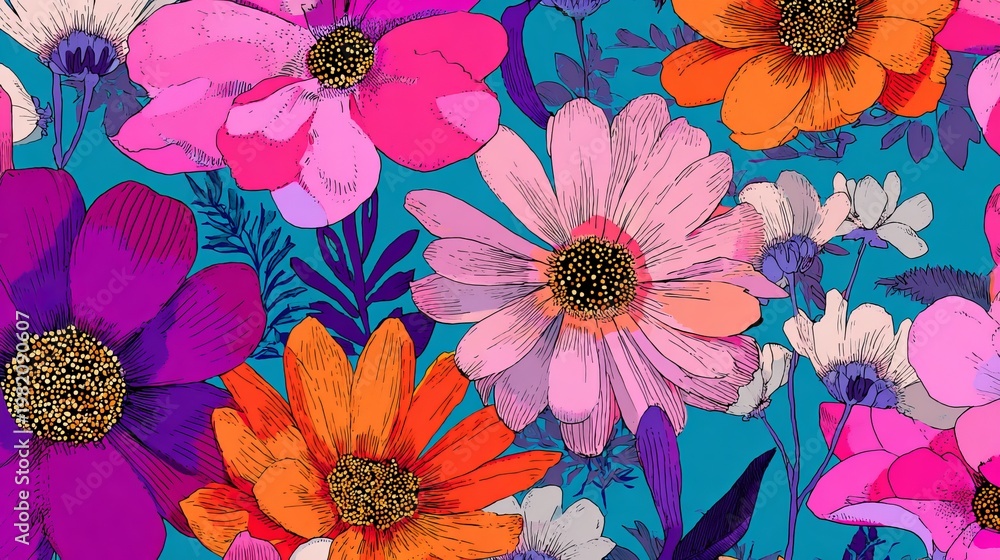 Fototapeta premium Flowers, drawn by hand in bright colors, create a repeating design. This sketch is perfect for making fabric, paper, or wallpaper.