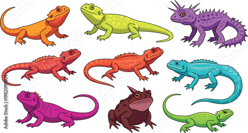 Colorful Vector Set of Reptiles and Lizards Including Geckos, Iguanas, and Chameleons for Wildlife Illustrations and Designs