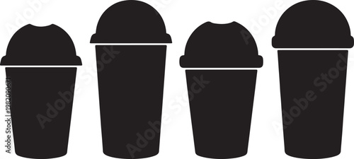 Vector illustration of a set of black and white ice cream cones and cups featuring isolated 3d plastic containers and paper coffee buckets for recycle waste