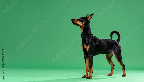 Sleek black and tan dog stands alert against a bright green backdrop. Curved tail