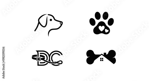 Minimalist vector pet care icons set: dog head outline, paw print with hearts, collar, and dog bone house symbols on white.