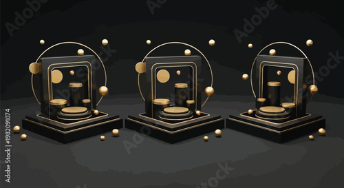 Golden, 3D, abstract award icons, black background