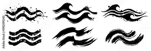 Ocean wave shapes with distressed grunge texture and ink splatter paint brush style