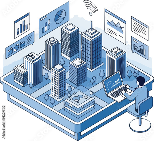 Smart City Digital Twin Concept with Urban Planner Managing Real Estate and Infrastructure Data on Laptop Isometric Line Art Illustration