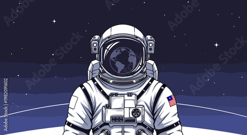 An astronaut in a white space suit with the Earth reflected in the helmet visor, standing against a dark starry cosmic background.