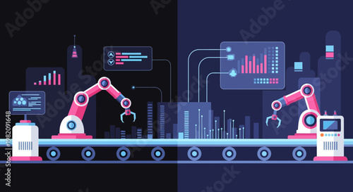 Industrial robots working on assembly line.