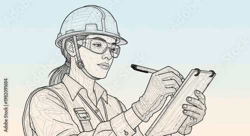 Female engineer with hard hat and clipboard.