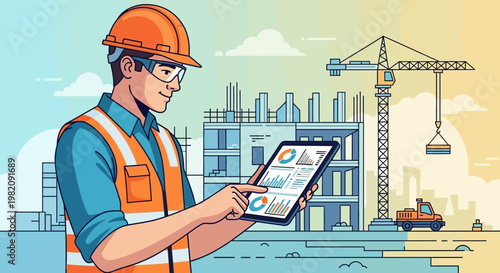 Construction worker with digital tablet on site.