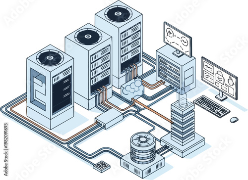 Isometric Line Art Illustration of Data Center Server Infrastructure with Network Cables and Workstation for Cloud Computing and IT Services