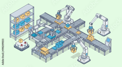 Industrial robotic assembly line production.