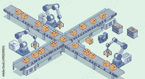 Robotic assembly line with orange packages.