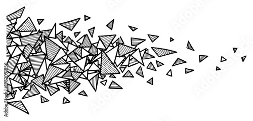 Shattered geometric triangles flying in motion with sketchy line art style