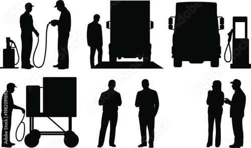 Fuel station silhouettes set, people refueling vehicles and tanker trucks, energy industry vector illustration