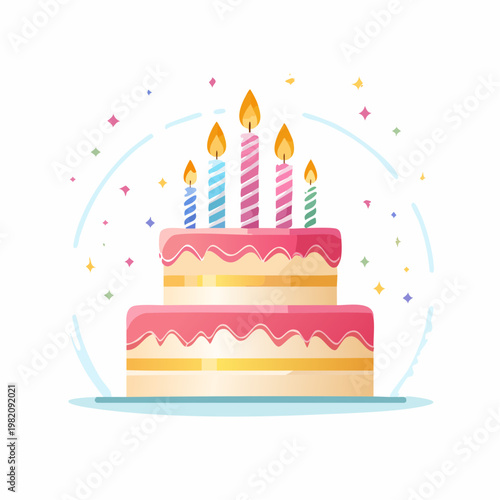 A colorful illustration of a two-tier birthday cake with lit candles and confetti
