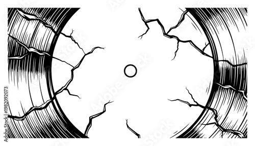 Vinyl record with cracks and broken surface in vintage engraving style