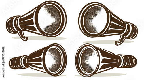 Four vintage style brown megaphones or bullhorns in various orientations on a white background