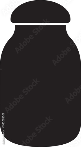 Black silhouette vector illustration of a ceramic jar of honey and a glass jar of jam next to a milk bottle and pottery pitcher container