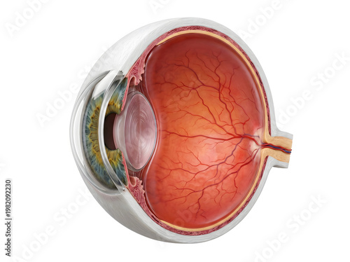 Human eye anatomy diagram showing iris, pupil, retina, lens, and optic nerve, medical illustration, Generative AI