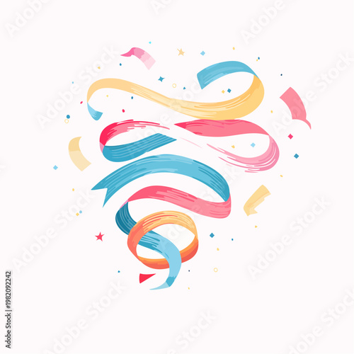 Vibrant ribbons swirl in celebration with colorful confetti around them
