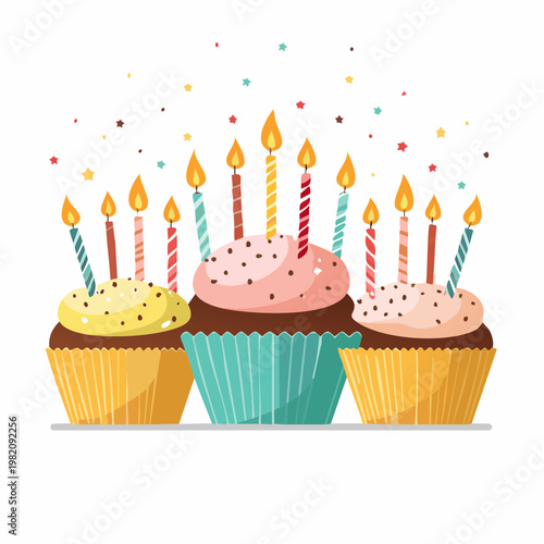 Three cupcakes with lit candles and colorful confetti on top