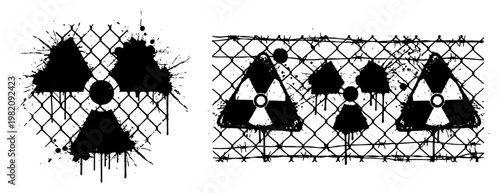 Radiation hazard symbols on chain link fence with grunge ink splatter style