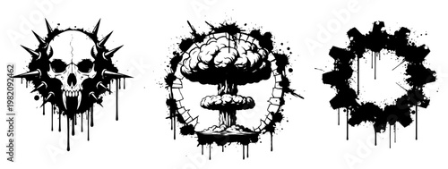 Skull with spikes nuclear mushroom cloud and gear icons in grunge ink splatter style
