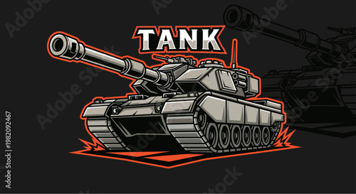 A detailed illustration of a modern military tank with its cannon extended, set against a dark background with an orange geometric accent.