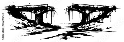 Destroyed highway bridge ruins with grunge ink splatter and post apocalyptic silhouette style