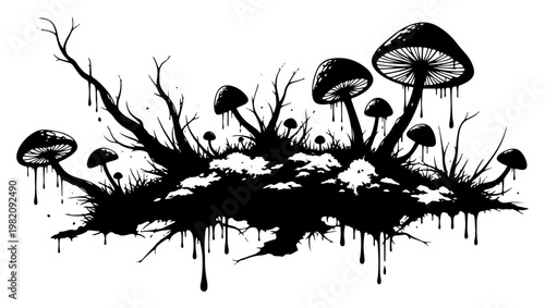 Mushrooms cluster with branches and roots in expressive ink splatter grunge style
