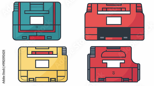 Four colorful, retro-style video game cartridges, each with unique designs