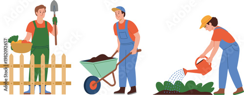 Gardening people working in garden, planting and watering plants, agriculture vector illustration collection