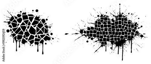 Mosaic pattern with geometric shapes and ink splatters in grunge style